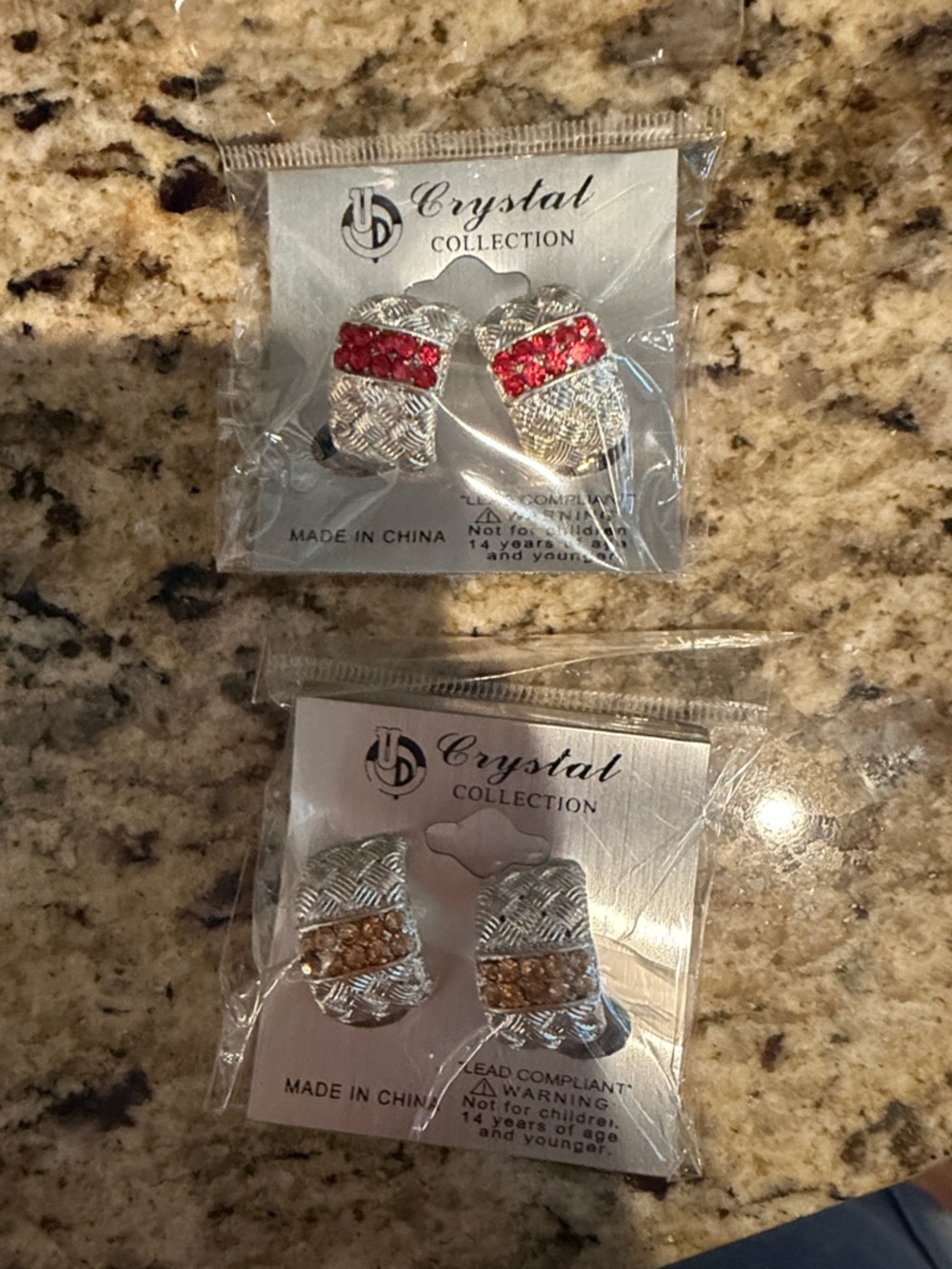 Silver-Tone Earrings with Red and Champagne Crystals CLIP ON